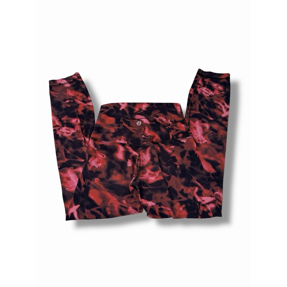 Lululemon Abstract Print Stretch Elastic Waist Red Pink Black Ankle Leggings 2‎